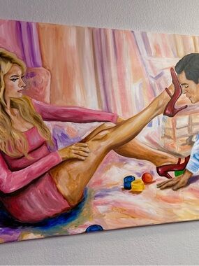 Romantic Figurative Canvas Art in Pink with Red Accents